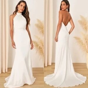 Lulus Eternity Together White Satin Halter Mermaid Maxi Dress Size L